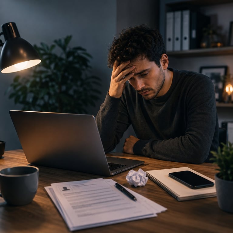 Stressed man with head in hand working late at desk with laptop, papers, and coffee cup under desk lamp